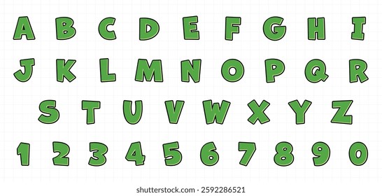 Green bold letter comic font style set