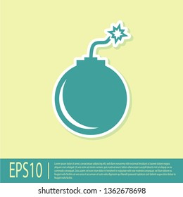 Green Bomb ready to explode icon isolated on yellow background. Flat design. Vector Illustration