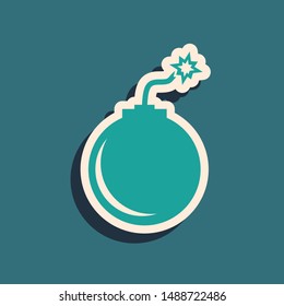 Green Bomb ready to explode icon isolated on blue background. Long shadow style. Vector Illustration