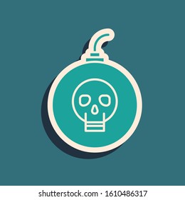 Green Bomb ready to explode icon isolated on blue background. Happy Halloween party. Long shadow style. Vector Illustration