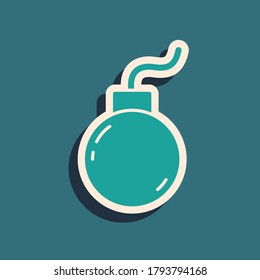Green Bomb ready to explode icon isolated on green background. Long shadow style. Vector