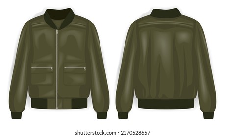 Green bomber jacket army front and back view, vector mockup illustration