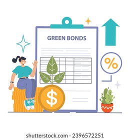 Green Bonds concept. Confident woman atop coins champions eco-friendly financial tools. Promoting sustainable projects, increased interest. Merging eco-values with investments. vector illustration