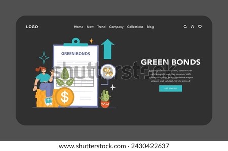 Green Bonds dark or night mode web, landing. Eco-friendly financial tools. Promoting sustainable projects, increased interest. Merging eco-values with investments. Flat vector