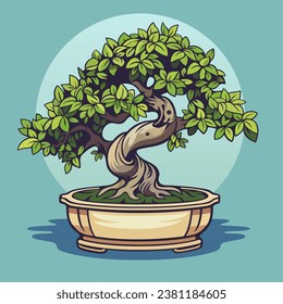 A green bonsai tree plant in a pot. Vector color illustration.