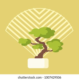 Green bonsai tree in white pot with pattern in form of fan behind on beige background. Japanese floristic composition cartoon vector illustration.