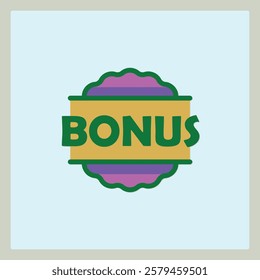 Green Bonus Text in a Gold and Purple Label Icon design for promotional use