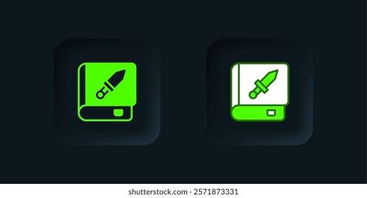 Green Book about weapon icon isolated on black background. Small firearm. Weapon catalog. Black square button. Vector