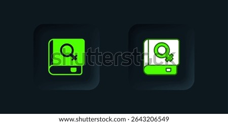 Green Book about women icon isolated on black background. 8 March. International Happy Women Day. Black square button. Vector