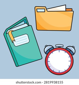 Green book, blank analog alarm clock, and file folder organizer colorful illustration drawing set bundle.