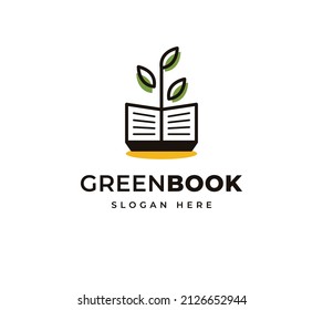 Green book branch leaf nature growth vector logo design. Creative innovation book open garden logo design