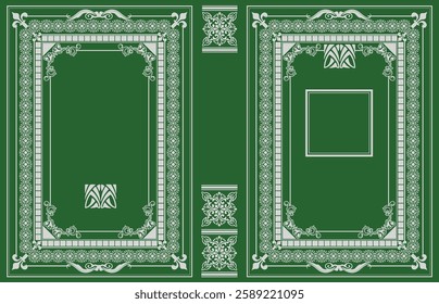 Green book cover featuring an elegant, ornate frame, perfect for vintage or classic literature. Hand drawn Illustration