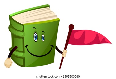 Green book holding a flag, illustration, vector on white background.
