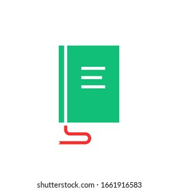 green book logo with red bookmark. concept of e-learn abstract emblem and academic or world book day. flat simple modern close tutorial or novel logotype graphic mobile app design isolated on white