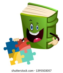 Green book is playing puzzle, illustration, vector on white background.