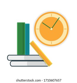 Green book stand with textbook and wall watch isolated on white, flat vector illustration. Home interior stuff, cozy fixture object.
