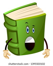 El libro verde está sorprendido, ilustración, vector sobre fondo blanco.