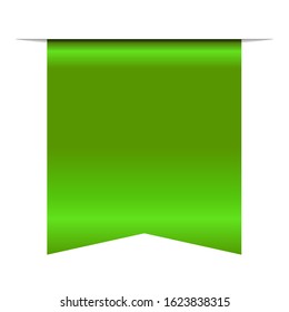 Green bookmark banner 3D. Vertical book mark, isolated white background. Color tag label. Flag symbol, sign. Design element blank. Empty sticker sale. Template banner decoration Vector illustration
