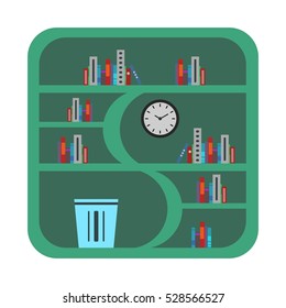 green bookshelf design with clock, books, and rubbish bin