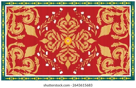 The green border carpet pattern has a pattern arranged in a row and in the middle of the gold there are beautiful flowers arranged in an orderly manner. fabric patterns, vectors, red background
