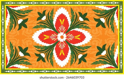 The green border carpet pattern has a pattern arranged in a row and in the middle of the red there are beautiful flowers arranged in an orderly manner. fabric patterns, vectors, orange background