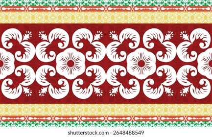The green border carpet pattern has a pattern arranged in a row and in the middle of the white there are beautiful flowers arranged in an orderly manner. fabric patterns, vectors, red background