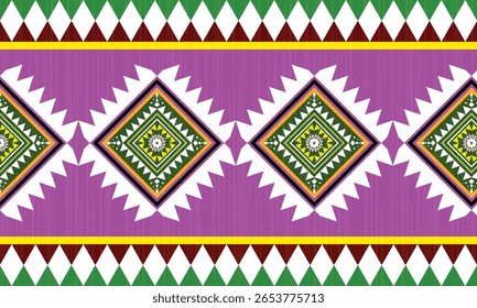 The green border carpet pattern, seamless fabric pattern, triangles and rhombus lined up in rows to form a beautiful overlapping triangle shape, abstract geometric background , purple, white