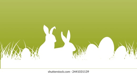Grüne Grenze mit Osterhasen und Ostereiern versteckt in der Wiese, Rasen, Feld. Nahtloses Muster für Osterjagdbanner mit versteckten Eiern auf dem Frühlingsgras. In: Vector Landscape.
