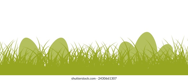 Green border with Easter eggs hidden in the meadow, lawn, field. Seamless pattern for easter hunt banner with hidden eggs on the spring grass. Vector landscape.
