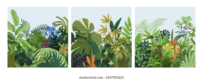 Green botanical cards set. Spring greenery, tropical nature, leaves, summer flowers, lush plants, eco square postcards. Floral backgrounds, thickets, garden, vegetation. Flat vector illustrations