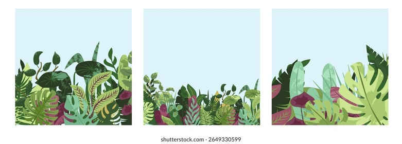 Conjunto de cartas botânicas verdes. Verde de primavera, natureza tropical, folhas, flores de verão, plantas exuberantes, cartões postais quadrados ecológicos. Fundos florais, matas, jardim, vegetação. Ilustrações de vetor planas