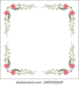Green botanical frame with tropical leaves in jungles and pink flowers, decorative corners for greeting cards, banners, business cards, invitations, menus. Isolated vector illustration.