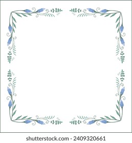 Green botanical frame with tropical leaves in jungles and blue flowers, decorative corners for greeting cards, banners, business cards, invitations, menus. Isolated vector illustration.