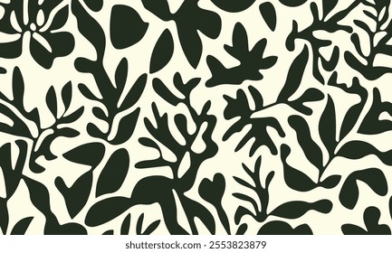 Green Botanical Leafy Abstract Black and White Pattern Design for Textiles and modern decorations 