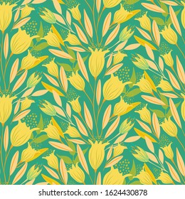 green botanical pattern  with hand drawn fantasy flower branch