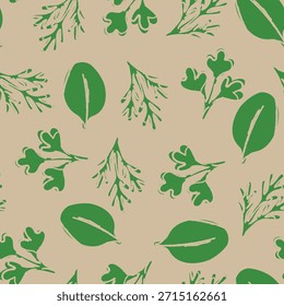 Green botanical seamless pattern with herbs and leaves Hand Drawn vector illustration 