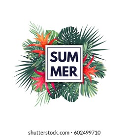 Green botanical summer tropical design with palm leaves and exotic red flowers. Vector floral template.