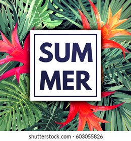 Green botanical summer tropical design with palm leaves and exotic red flowers. Vector floral template.