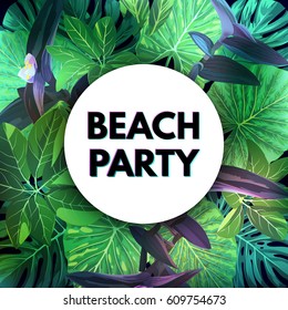 Green botanical summer tropical design with palm leaves and exotic purple flowers. Vector floral template.