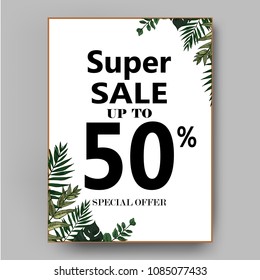 Green botanical summer tropical sale flyer with palm leaves and exotic plants.