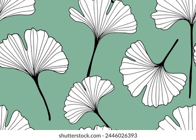 Green botanical vector seamless pattern with black and white ginkgo biloba branches. Pattern for textiles, packaging paper, wallpaper, covers and cases.