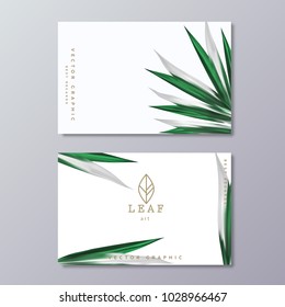 Green botany business card template with tropical lush foliage on white background and line art leaf logo.