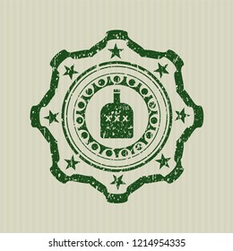 Green bottle of alcohol icon inside distressed rubber stamp with grunge texture