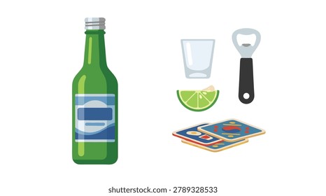 A green bottle of alcohol next to a shot glass, lime slice, bottle opener, and coasters.