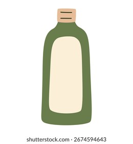 Bálsamo de botella verde con tapa beige, embalaje de productos orgánicos, contenedor ecológico, tarro de champú reutilizable, acondicionador, almacenamiento sostenible, diseño minimalista, Ilustración vectorial plana dibujada a mano.