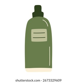 Bálsamo de botella verde con tapa oscura, embalaje de productos orgánicos, contenedor ecológico, frasco de champú reutilizable, acondicionador, almacenamiento sostenible, diseño minimalista, Ilustración vectorial plana dibujada a mano.