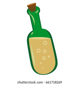 A green bottle with beer, closed with a cork.