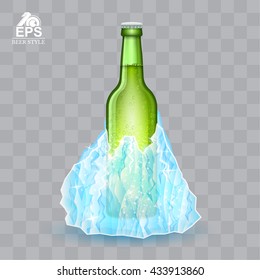 Green bottle of beer frozen-in iceberg on transparent background