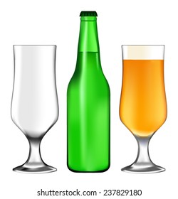 A green bottle of beer and glasses