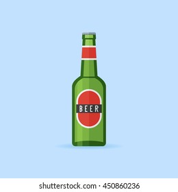 Green bottle of beer with label isolated on blue background. Flat style icon. Vector illustration.